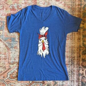 Blue V-Neck T-Shirt with Chicken Graphic